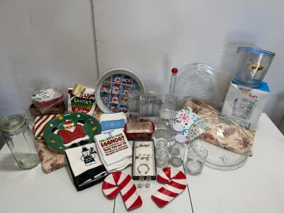Holiday Christmas Kitchen Serveware Lot &ndash; Gibson Plate, Wine Charms, Candy Cane Dishes, Towels