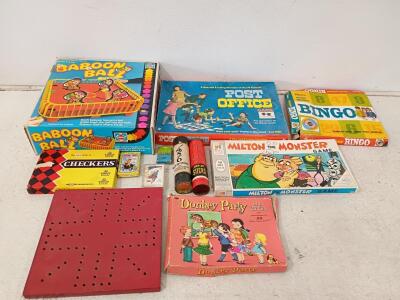 Vintage Board Game Lot w/ Baboon Ball, Milton the Monster, Post Office, Superman Card Game