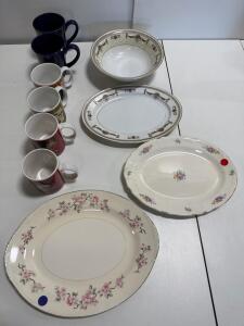Homer Laughlin Eggshell Nautilus Platter and Various Mugs, Vintage Floral Design, 1937&ndash;1950s
