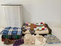 Large Home Textiles & Decor Lot&mdash;Wicker Hamper, Handmade Quilt, Plaid Throw Blankets, Doilies