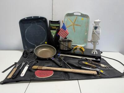 DVD Player-**Tested** & Kitchen & Grill Tool Lot w/ Crest Pan, Utensil Roll Bag, Mandoline, Thermometer, Forks
