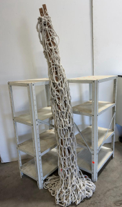 Good Condition Hamack Rope Net ~approximately 15ft Long with 2 Metal Storage Shelving Units, 4 Shelves Each