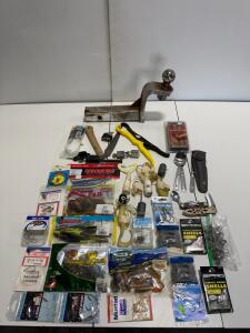 Fishing Tackle Lot with 2" 6,000lb Trailer Hitch Ball Mount, Camping Tools, Lures, Hooks, Fire Starter