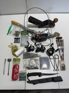 Fishing Gear Lot: Okuma & True Temper Spinning Reels, Pflueger Baitcaster, CRKT Knife, Tackle
