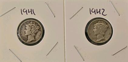 1941 & 1942 Mercury Dimes, 90% Silver, Circulated U.S. Coins, Weinman Design, Philadelphia