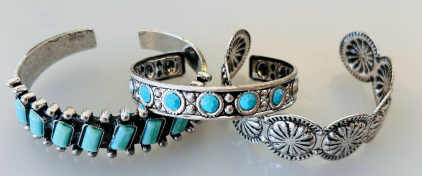 Sterling Silver Cuff Bracelets, Turquoise Inlay & Stamped Concho Designs, Southwestern Style, Set of 3