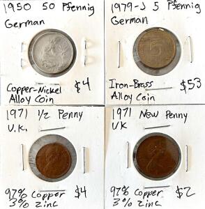 1950 & 1979 German Pfennig Coins and 1971 UK Half Penny & New Penny, Circulated, Lot of 4