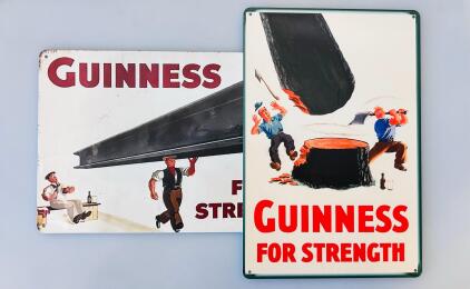 Guinness For Strength Metal Advertising Signs, Pair, 12" x 8", Vintage Cartoon Designs, Tin