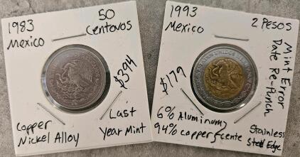 1983 Mexico 50 Centavos Copper-Nickel, 1993 Mexico 2 Pesos Bimetal Error, Both in Holders