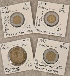 1997 & 1984 Mexican Pesos Set &ndash; 1, 2 & 100 Pesos, Aluminum-Bronze & Stainless/Bimetallic