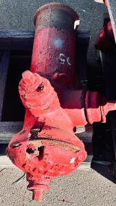 Red Cast Iron Fire Hydrant, Dry Barrel, 2 Side/1 Top Outlet, Decommissioned, "55" Marked