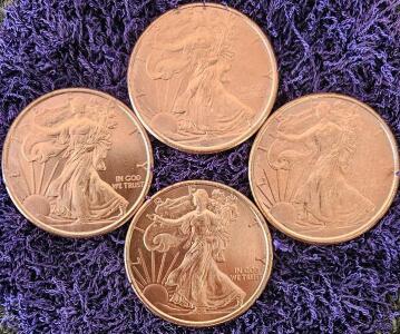 1 oz .999 Fine Copper Walking Liberty Rounds, Private Mint, 39mm, BU, Lot of 4