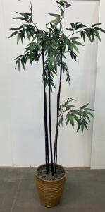 Artificial 6 ft Faux Bamboo Plant With 5 Black Stems In Large Ceramic Pot With River Rocks