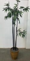 Artificial 6 ft Faux Bamboo Plant With 5 Black Stems In Large Ceramic Pot With River Rocks