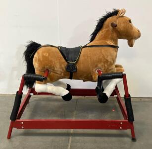 Spring Rocking Horse Toy, Plush Brown Horse, Red Metal Frame, 42"x24"x36", 65 lb Capacity