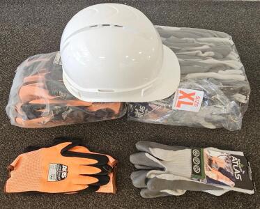 Pyramex HPA4110V Hard Hats, Showa Atlas 451 XL Gloves, AKS Hygenesis Medium Gloves