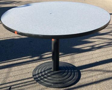 Commercial Round Pedestal Table, Gray Laminate Top, Black Metal Base