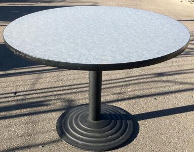 Commercial Round Pedestal Table, Gray Laminate Top, Black Metal Base