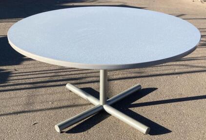 Commercial Round Pedestal Table, Gray Laminate Top, Grey Metal Base