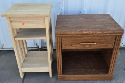 Pair Of Nightstands: Light Wood Pine 1-Drawer 2-Shelf & Brown Laminate 1-Drawer Bedside Tables