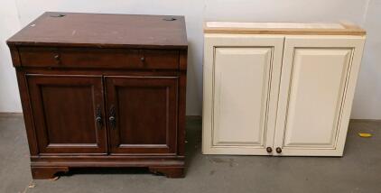Brown Wood Computer Workstation Cabinet With Power Panel + White Utility Storage Cabinet, 2 Doors Each