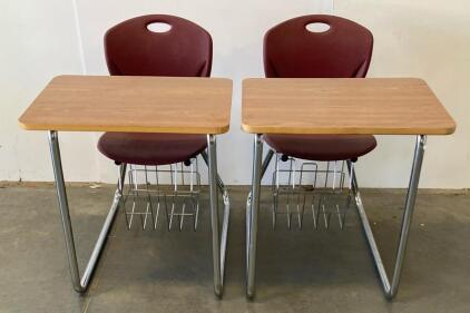 (2)Virco N2 Series Student Desk And Chair Set With Wire Book Basket, Medium Oak Top, Wine Chair, Chrome Frame