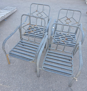 Set Of 4 Grey Metal Outdoor Patio Armchairs With Decorative Backs And Armrests