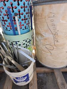 Assorted Mixed Scrap Steel Flat Bars, Rods, Plastic Baskets Great For Growing Potatoes, And A Cylinder Storage Bin