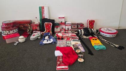 Large Christmas Decor & Housewares Lot-20~Pieces, Ornaments, Lights, Boxes, Diffuser, Tins (Shelf T)