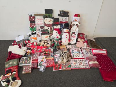 Assorted Christmas Decorations Lot-30~Pieces, Snowmen, Stockings, Ornaments, Tree Skirts