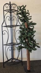 Artificial Alpine Decorative Tree & Black Wrought Iron 4-Tier Corner Shelf Unit