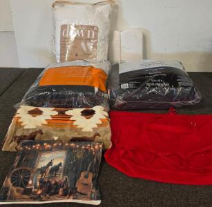 Home Bedding & Linens Lot - Down Pillow, Inserts, Plush Valance, Apron, Washcloths, One Horse Theme (Bottom Shelf Q)