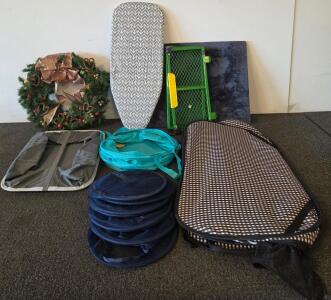 Mixed Household Lot: Ironing Board, Part Of A Pet Gate, Garment Bag, 4 Hampers, Rug, Holiday Wreath (Front Of The Aisle)