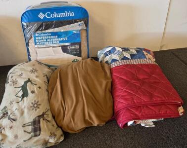 Assorted Bedding Set: Columbia Mattress Pad, Quilt, 2 (One Is Fitted) Fleece Throws (Used)