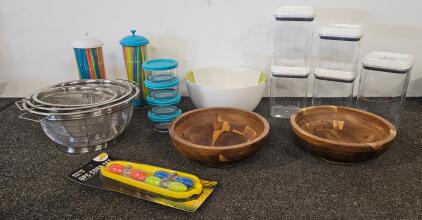 Large Assorted Kitchenware Set: Glass Bowls, Airtight Canisters, Strainers, Wood Bowls, Corn Set