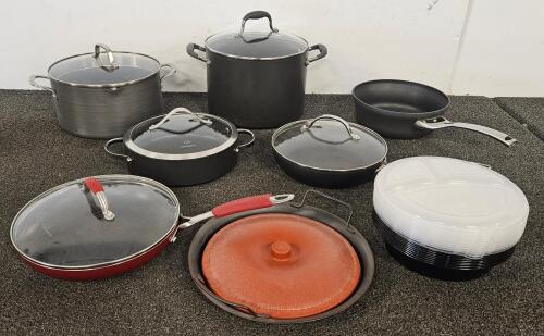 Calphalon And Mixed Cookware Lot, 9 Pcs With Glass Lids, Meal Prep Containers Included