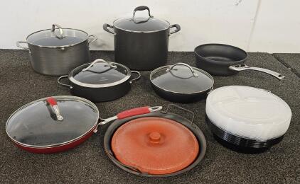 Calphalon And Mixed Cookware Lot, 9 Pcs With Glass Lids, Meal Prep Containers Included