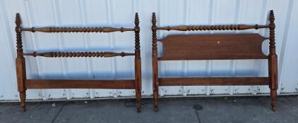 Antique Wooden Spindle Twin Bed Headboard & Footboard Set, Turned Posts, Classic Brown Finish
