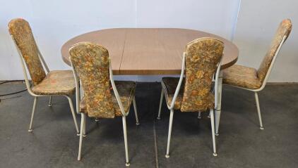Vintage Oval Dining Table With 4 Floral Upholstery Chairs, Metal Frames, Mid-Century Modern Style