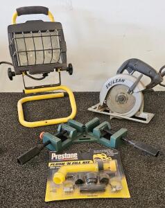 SKIL 5510 5-1/2" Circular Saw (Tested, Works), Halogen Work Light (May Need New Bulb), Prestone Kit, 90&deg; Angle Clamp Lot