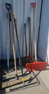Commercial Push Brooms, Shovels, Squeegee & Post Hole Digger &ndash; Lot of 7+ Site Maintenance Tools