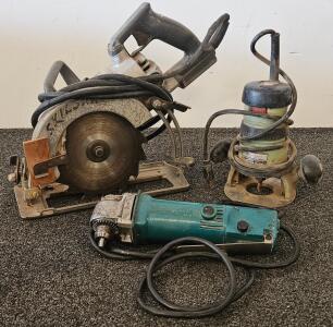 Vintage Skilsaw Model 77 Circular Saw, Makita DA3000R Angle Drill, Rockwell 641 Router Set (All Tested And Work)