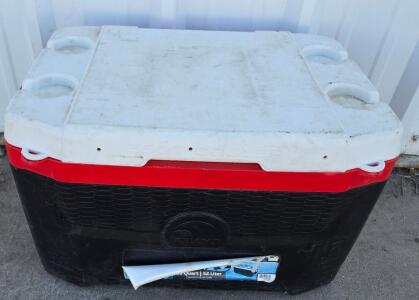Igloo 55 Quart Cooler, 52 Liter, 90-Can Capacity, Black/Red/White, Hinged Lid With Cup Holders