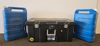 Sterilite 1842 Heavy-Duty Storage Trunk, 14 Gal, Black, With Wheels And Lockable Latches, Two 6 Gallon Igloo Water Containers