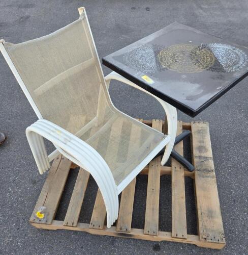 Outdoor Mesh Patio Chair & 30" Square Caf&eacute; Table Set, White Frame, Mandala Print Top, Stackable