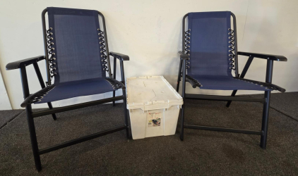 Set Of 2 Blue Folding Patio Chairs With Armrests And 18 Gallon White Storage Tote