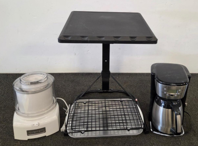 Cuisinart ICE-21 1.5-Quart Electric Ice Cream Maker, White, Coffee Maker, Side Fold Up Table, And Cooling Racks.