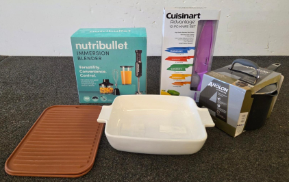 Nutribullet Immersion Blender(New In Packaging), Anolon Saucepan, Cuisinart Knife Set, Grill Mats & Baking Dish Bundle