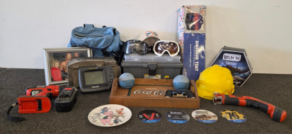 Mixed Lot: Black And Decker Drill And Handisaw (Unable To Test), Riding Goggles, Fish Finder (Unable To Test), Old Navy Backpack, Tacklebox, & More