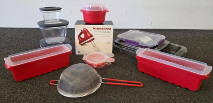 KitchenAid Ultra Power Hand Mixer Red (New) + Storage Containers, Silicone Loaf Pans, Accessories